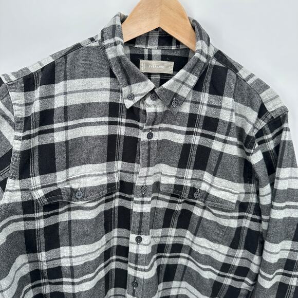 EVERLANE The Brushed Flannel Cotton Black Grey Plaid Button Down Shirt // XL - Picture 8 of 12